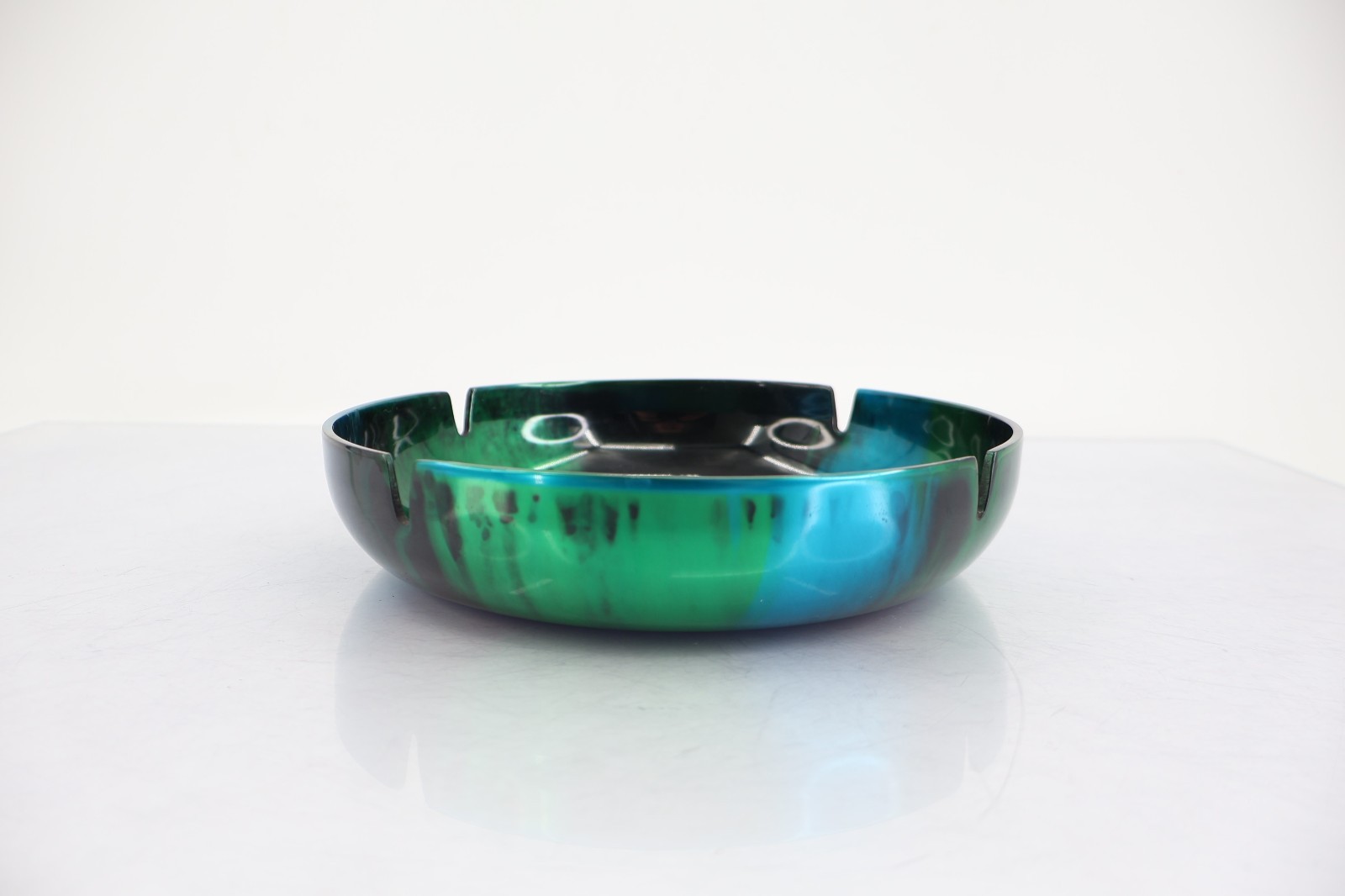 Iridescent Teal Green Black Enamel Metal Ashtray Catchall Dish Vintage MCM