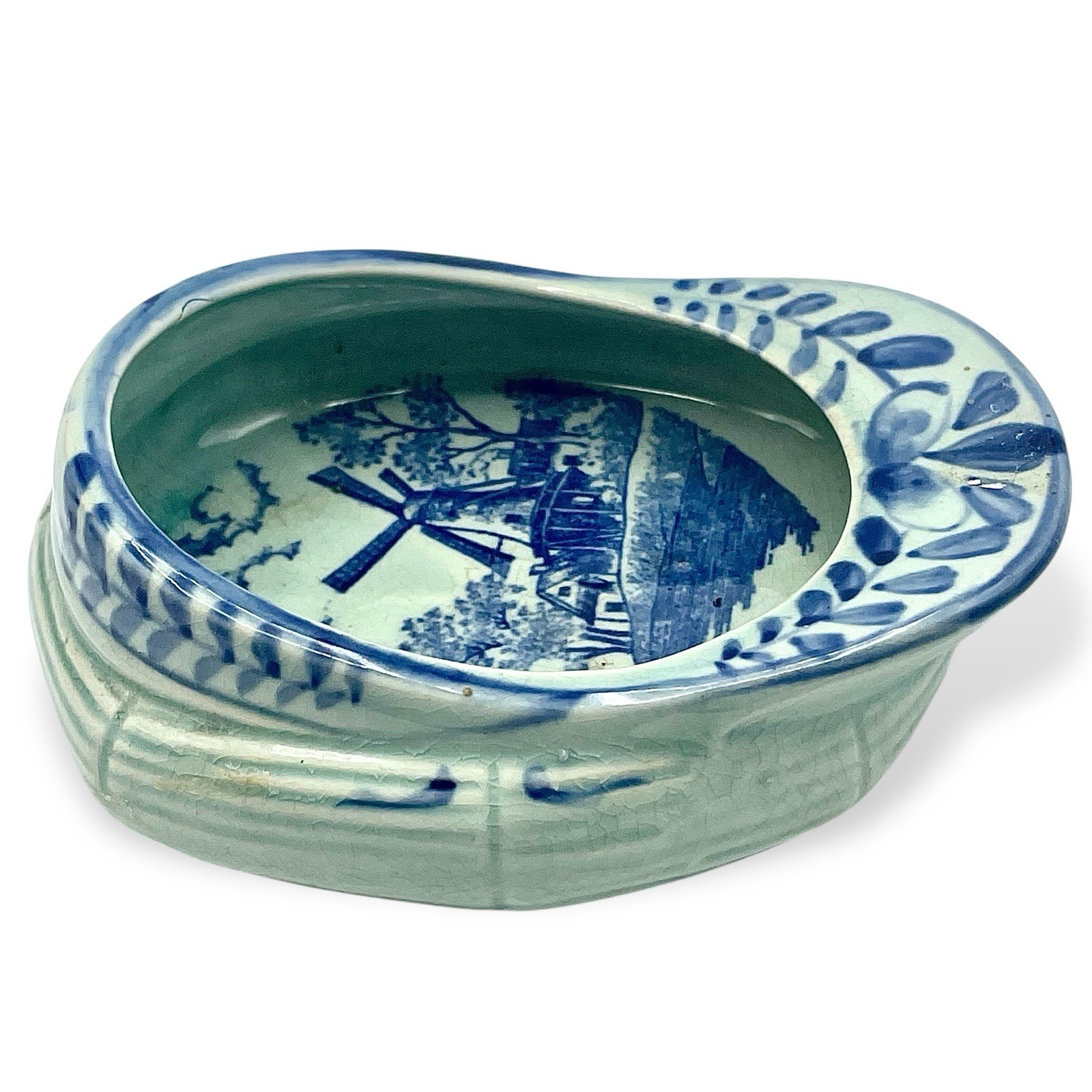Vintage DELFT Dutch Boy Hat Cap Trinket Dish Ashtray Blue Hued Crazed Windmill