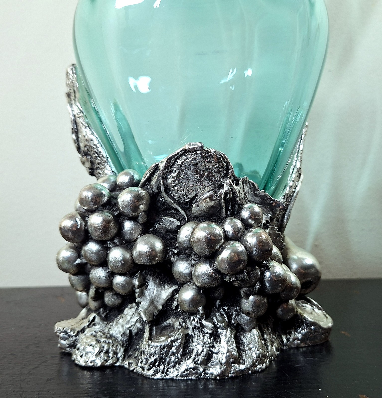 Large Signed MURANO Vase Teal Blown Glass w Sterling Silver Finished Base- Italy