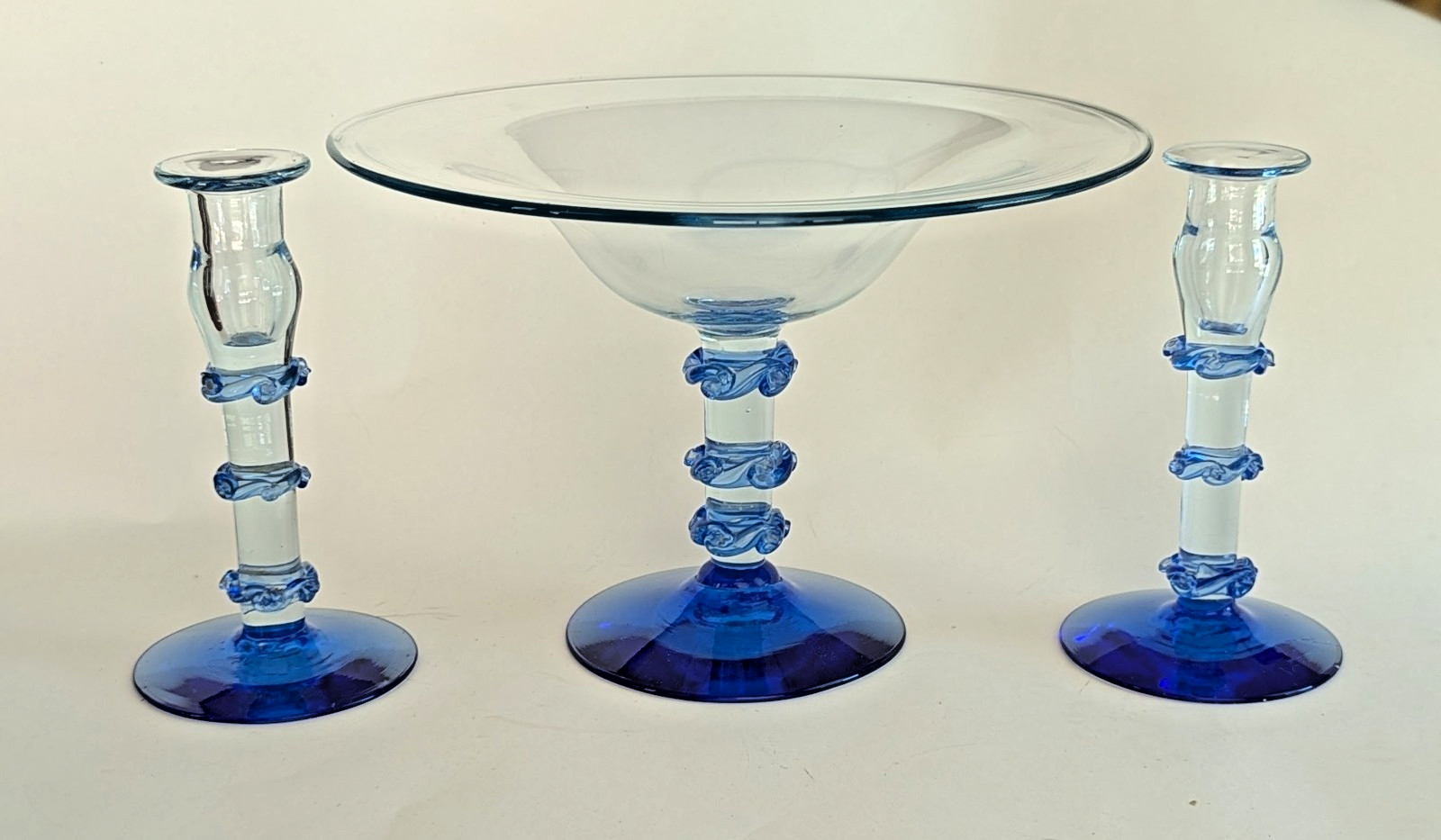 Rare Blenko Glass Blue Center Bowl & Candlesticks 476 EUC 8″ Tall Applied Trim