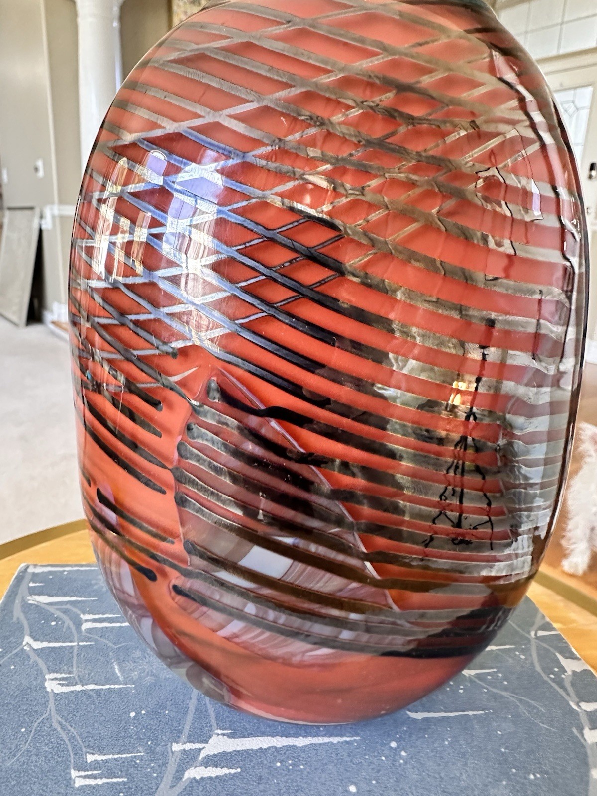 Kyle Gribskov Orange Blue Grey Iridescent Striped Signed Art Glass Vase 7” Tall