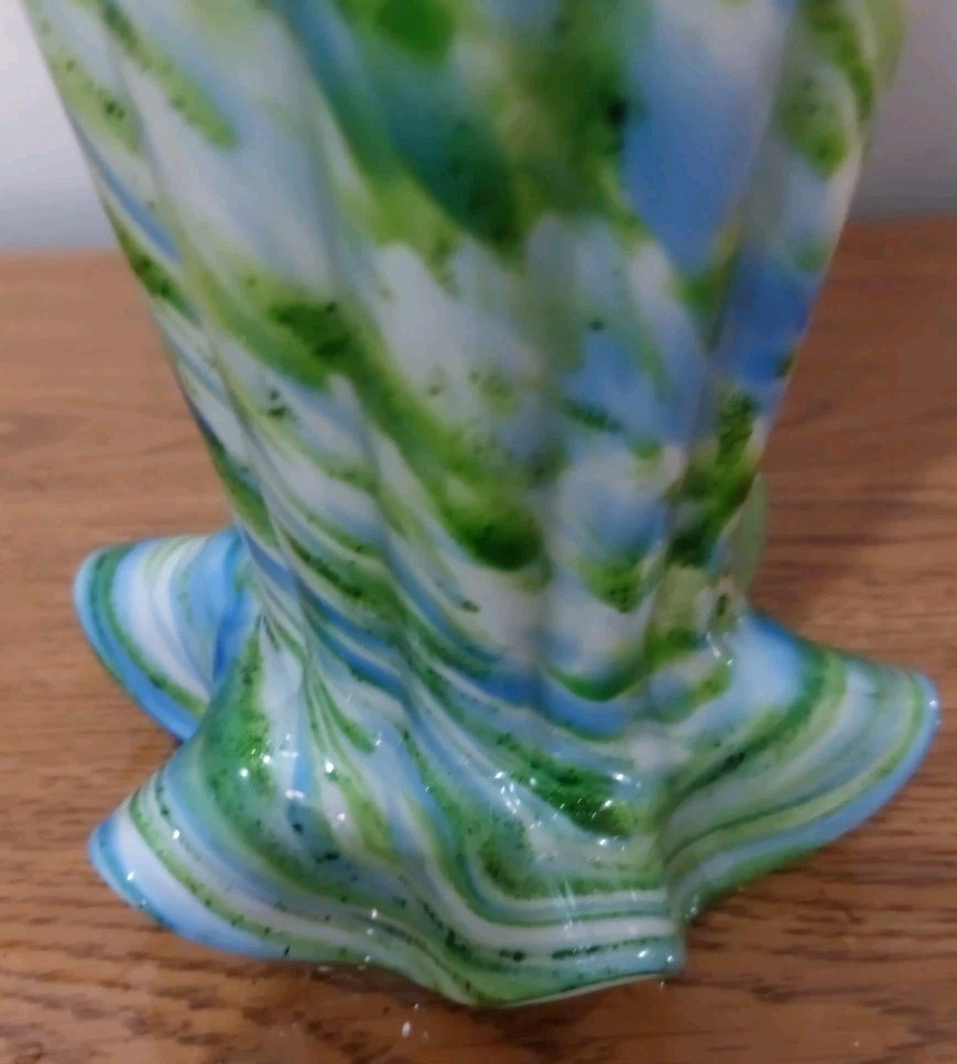 VTG FENTON VASA MURRHINA GLASS 14″ TALL VASE BLUE GREEN ADVENTURINE MINT!