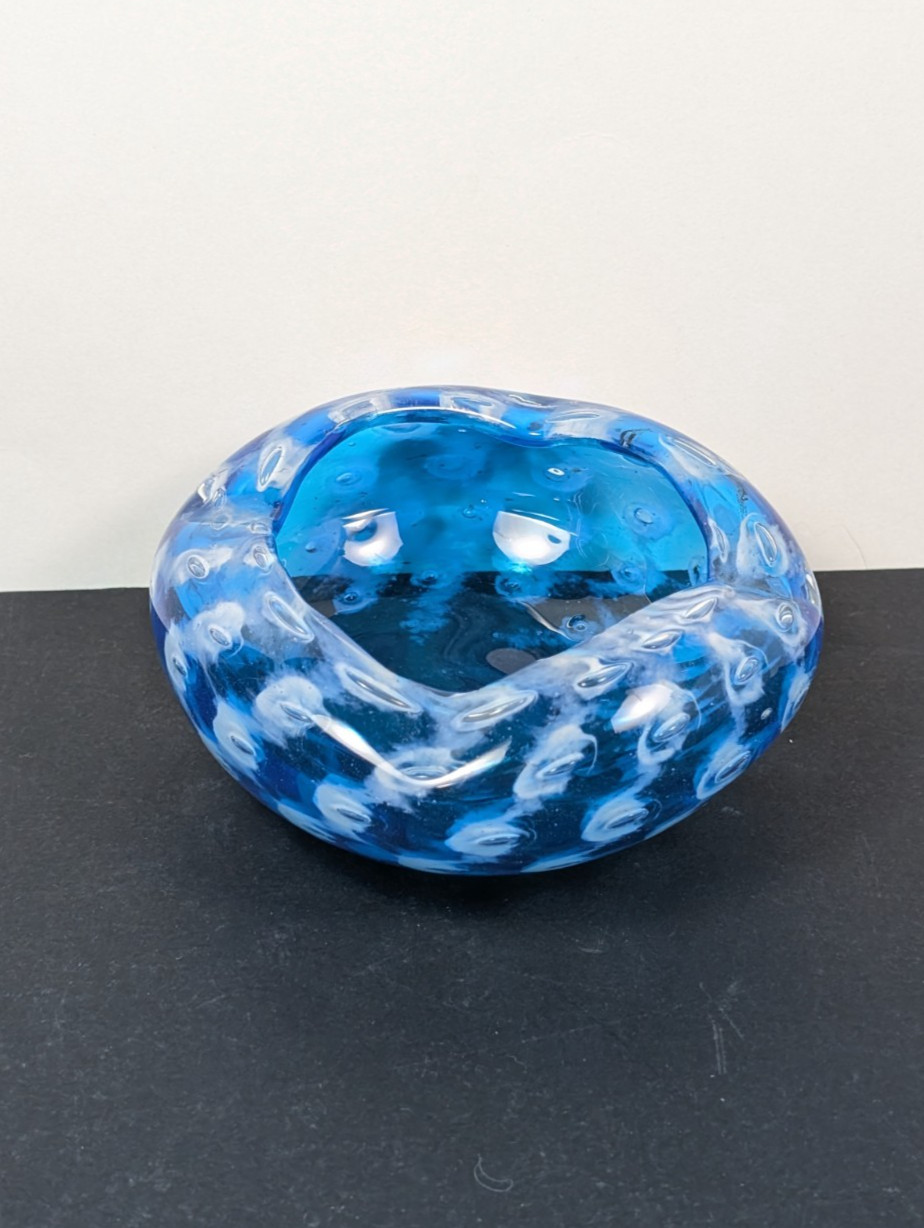 Vintage Blue White Glass Ashtray Optic Bubble Round Tabletop Ashtray Art Glass