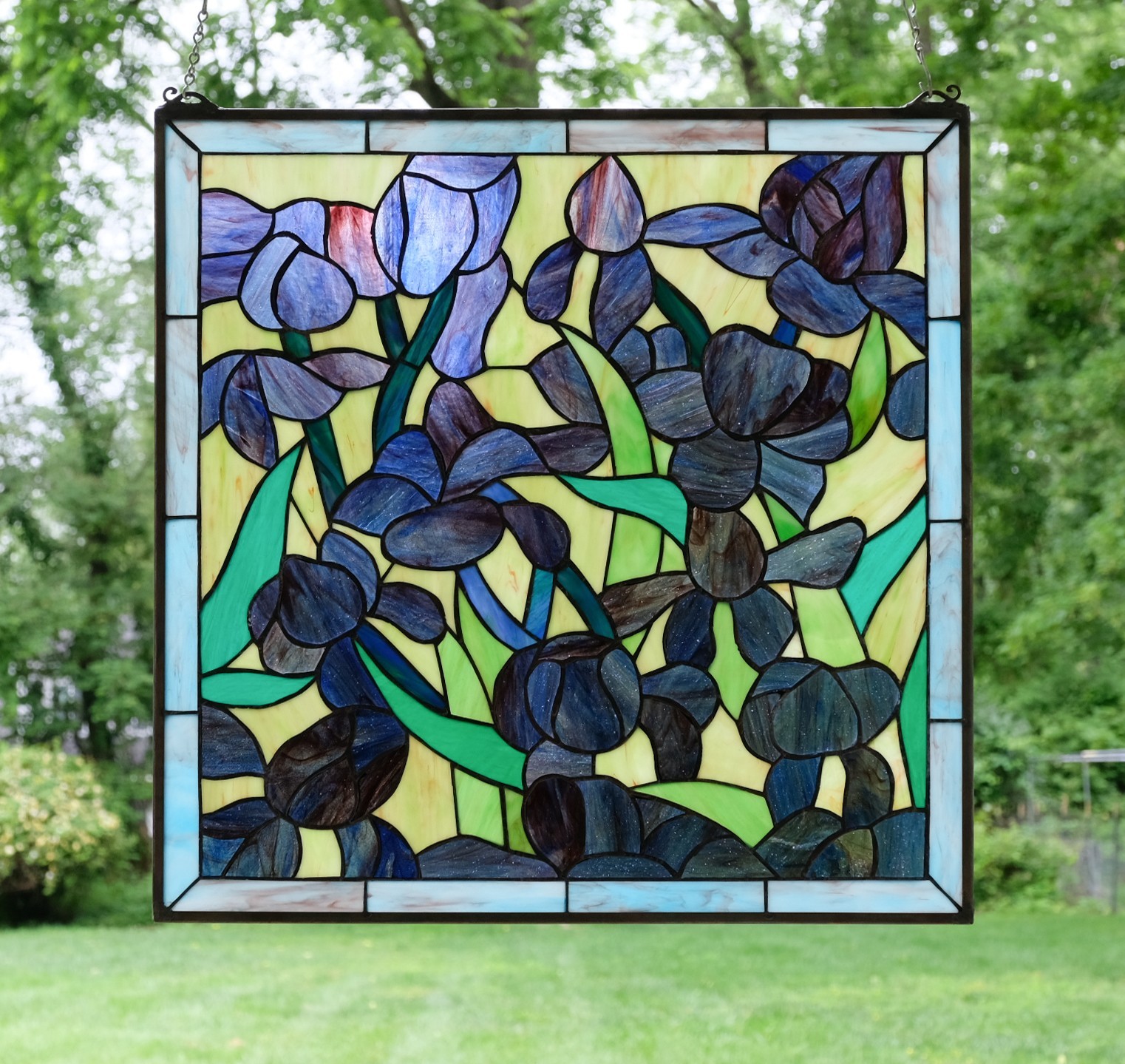 Tiffany Style stained glass window panel Iris Flowers, 24″ x 24″ HF575