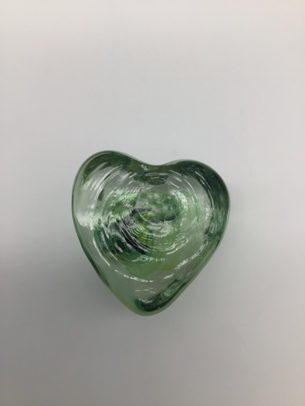 Heart Hand Blown Glass Paperweight Green/Blue/Yellow Swirl 1.75 Inch