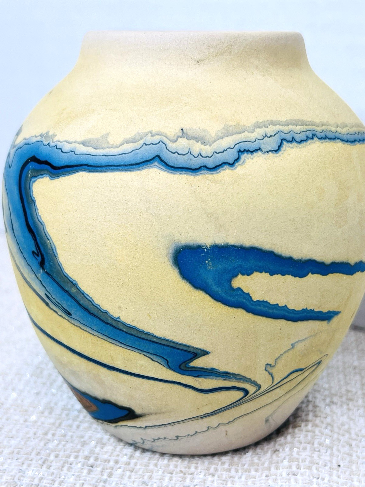 Vtg Nemadji Handmade Swirl Pottery Clay Vase Blue Orange Rust USA 5” Tall Vessel