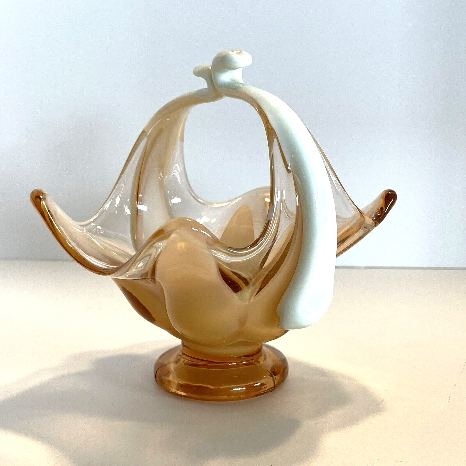 Handblown Peach and White Cased Glass Petal Basket White Handles 6″ Tall