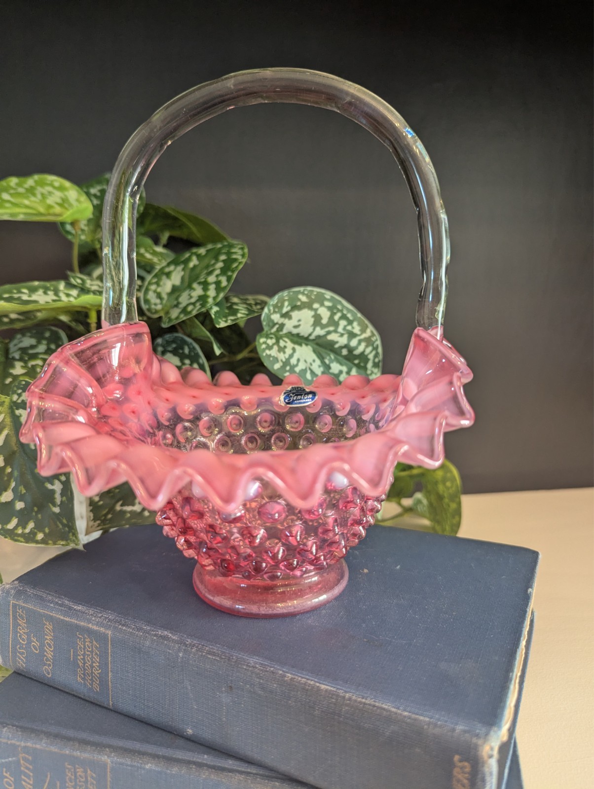 Vintage Fenton Cranberry Hobnail Basket with Ruffled Edge