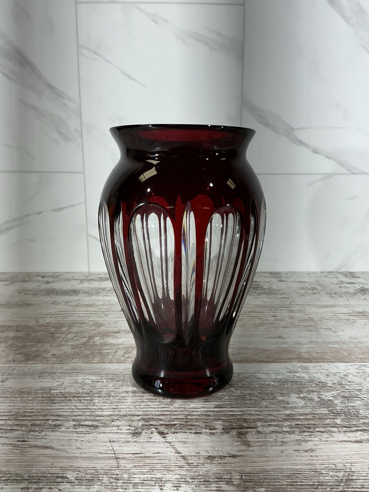 Lead Glass Vase Red & Clear Super Heavy No Makers Mark