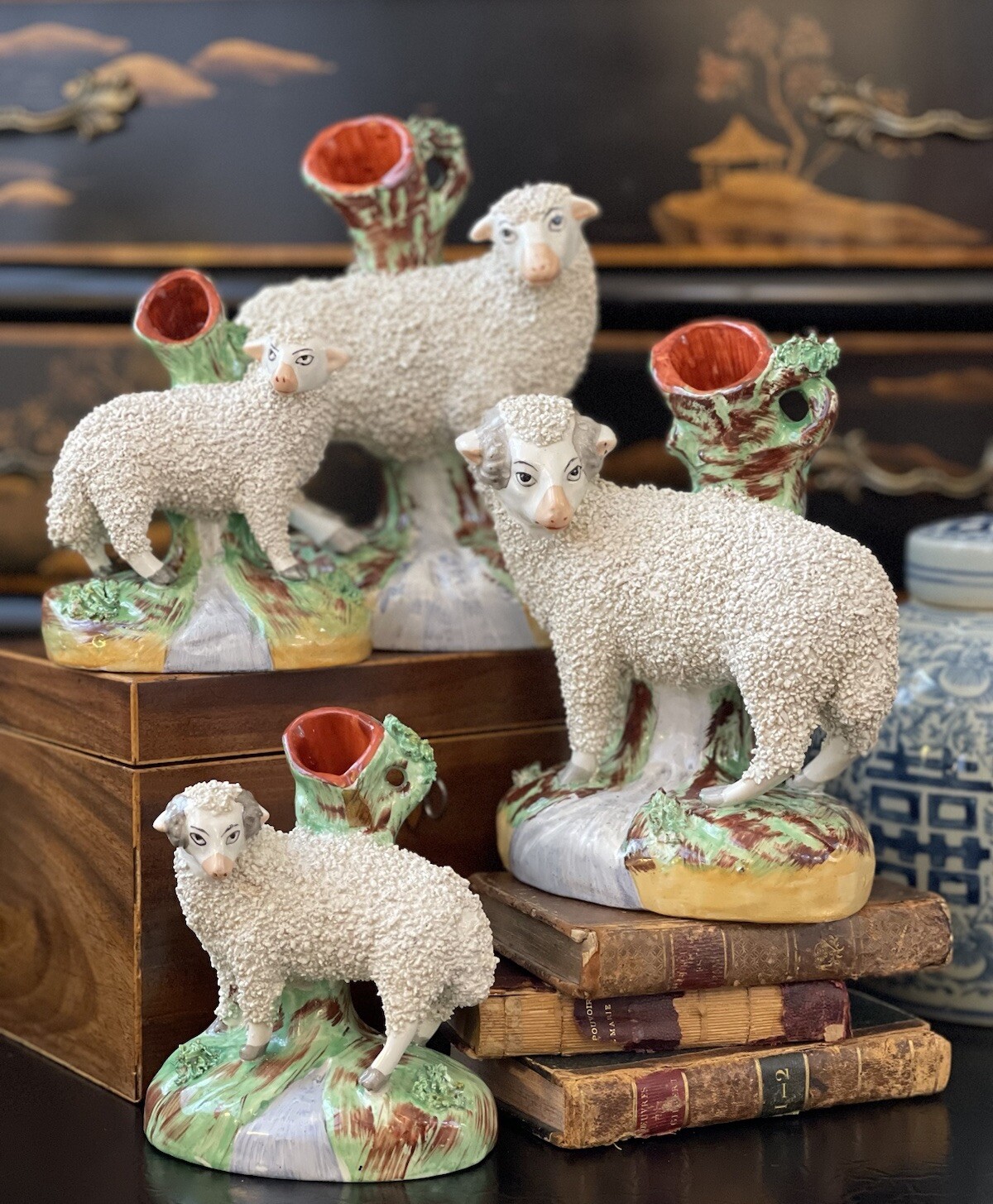 Set 2 Antique Russet English Staffordshire Sheep Lamb Ram Ewe Spill Vase 5/7.25”