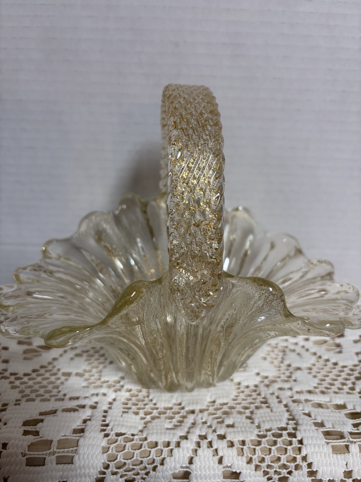 Vintage Murano Clear With Gold Flecks Italian Glass Basket With Twisted Handle
