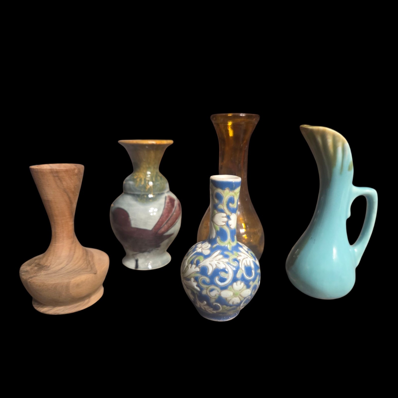 Lot of 5 Miniature Vases Pitchers 2.5″-4″ Wood Turned Porcelain Glass Pottery
