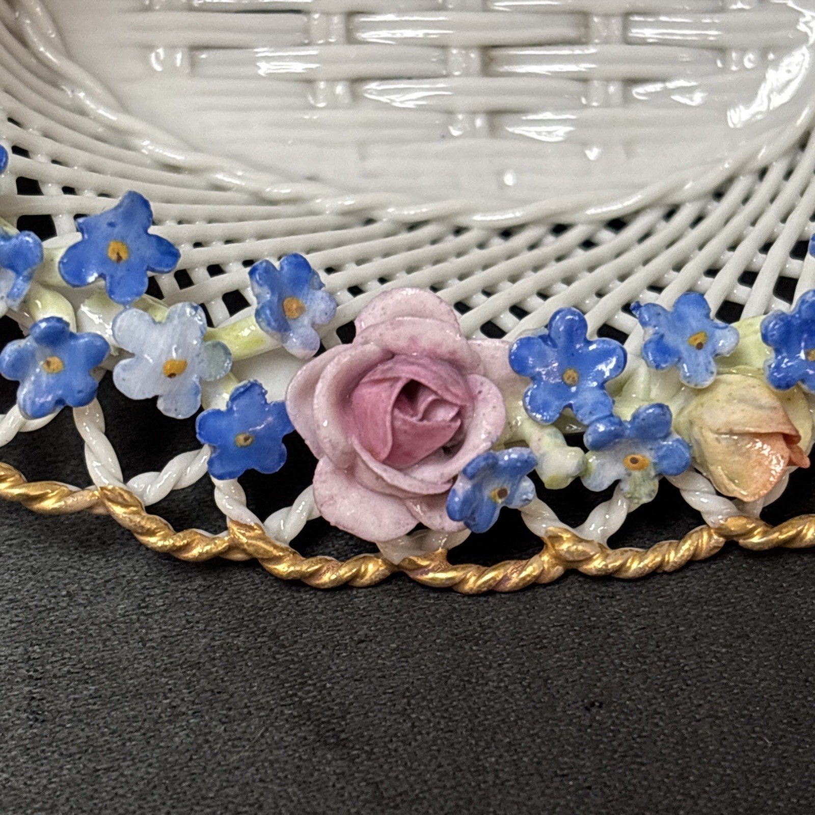 Antique Von Schierholz Woven Porcelain Basket FORGET ME NOT ~ F