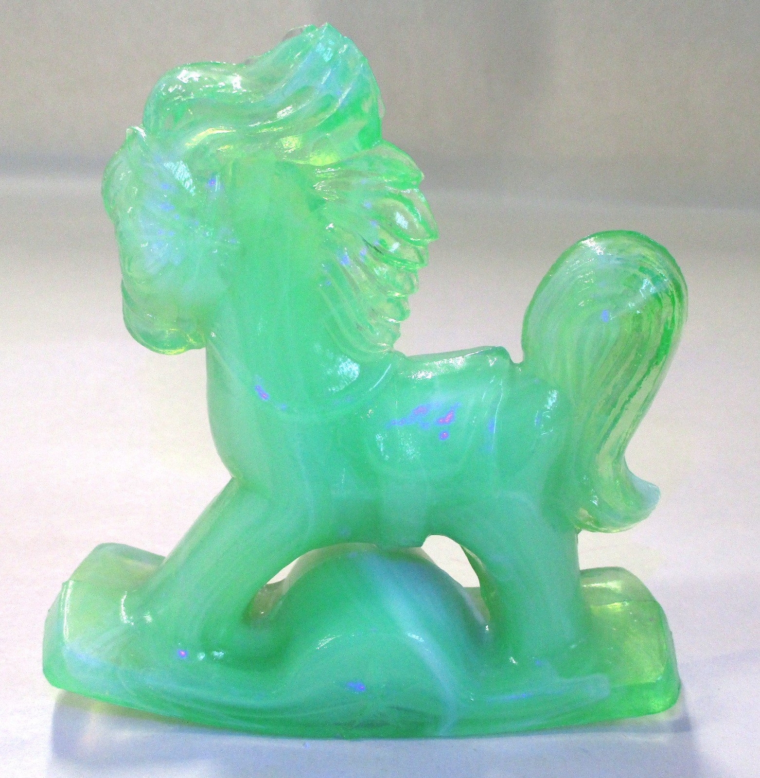 VINTAGE ALBERT BOSTON GREEN SLAG GLASS & URANIUM ROCKING HORSE