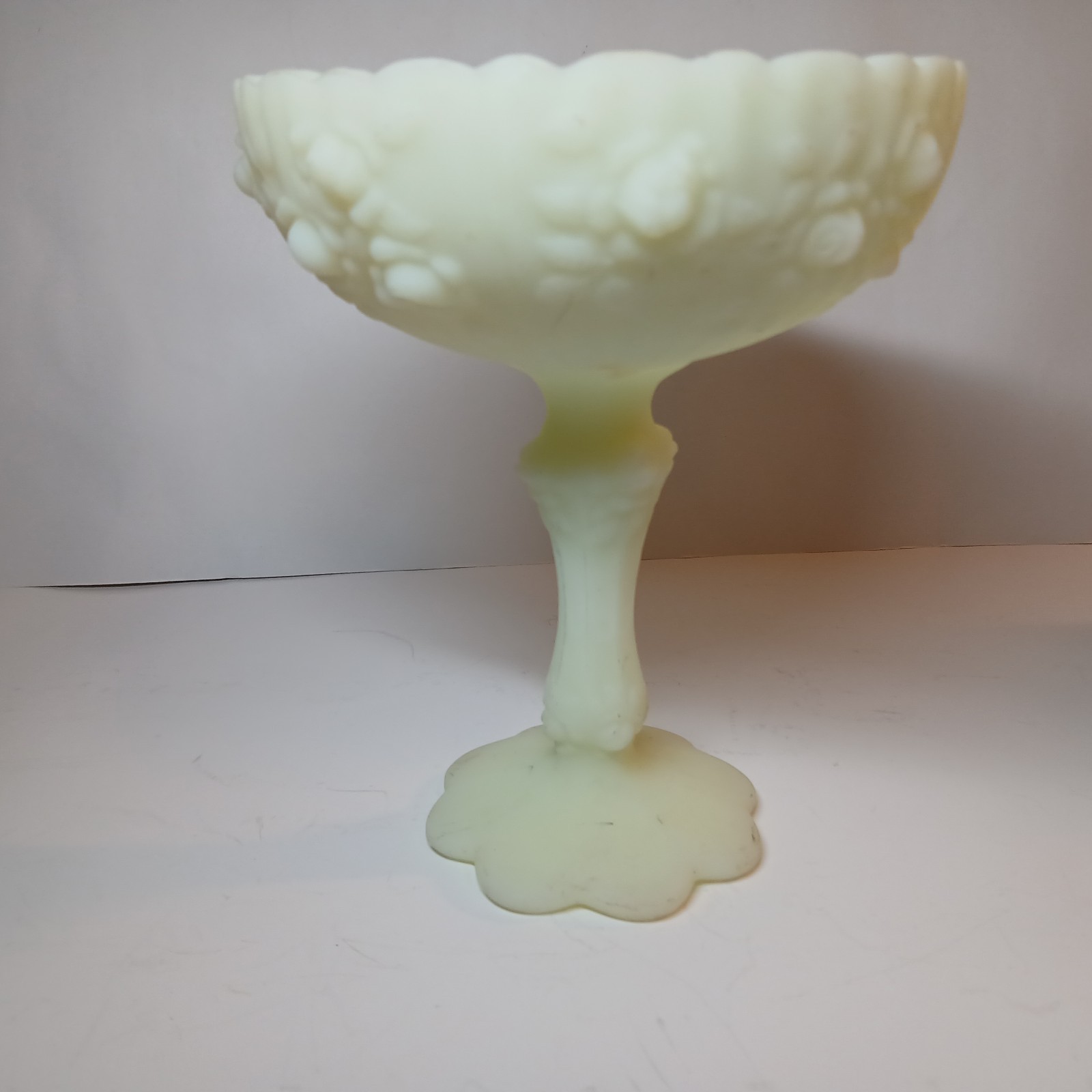 VTG Fenton Uranium Glass Custard Satin Cabbage Rose Compote Pedestal Dish 7.5″