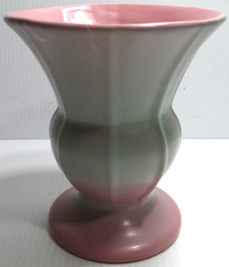 Vintage RumRill Red Wing Pottery Vase # 355 Pink Green Bulbous Panels 6 1/4″ T