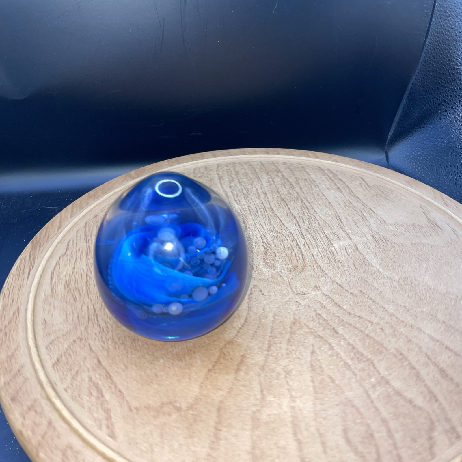 Handblown Seegers and Fein Signed Clear and Blue Glass Cosmic Paperweight 1994