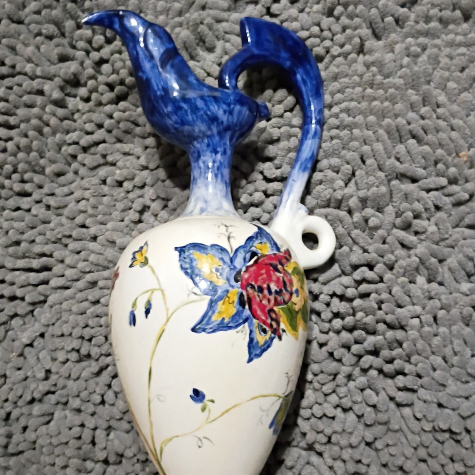 Hand Crafted Vase/Pitcher with Colorful Floral Designs Signed by Artist