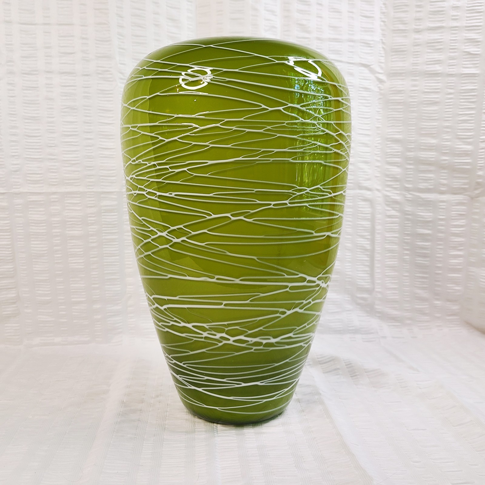 Hand Blown Cased Green White Swirl Art Glass Large Vase 13” FREE SHIPPING