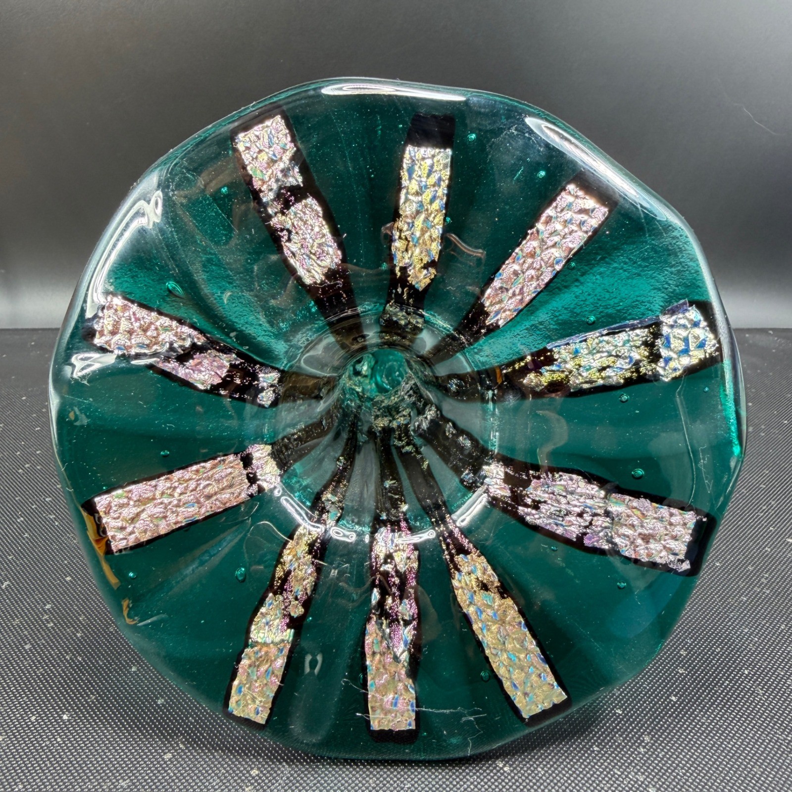 Art Glass Vase Green Dichroic Iridescent Hand Blown with Metal Stand Fused Glass