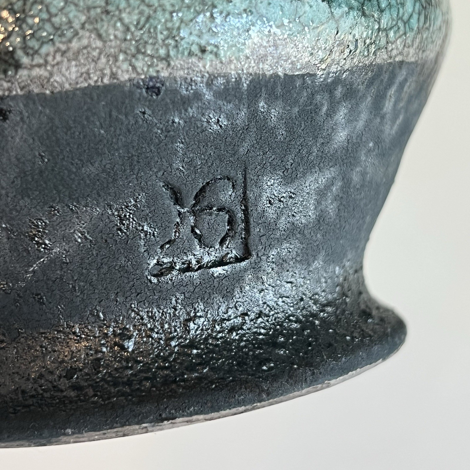 Raku Studio Art Vase Pottery Turquoise And Black Signed 6 Inches Iridescent