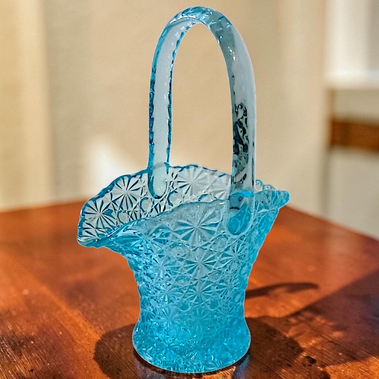 LG Wright Daisy Button Glass Basket Brides Vase Blue Pressed Art Glass Ruffled