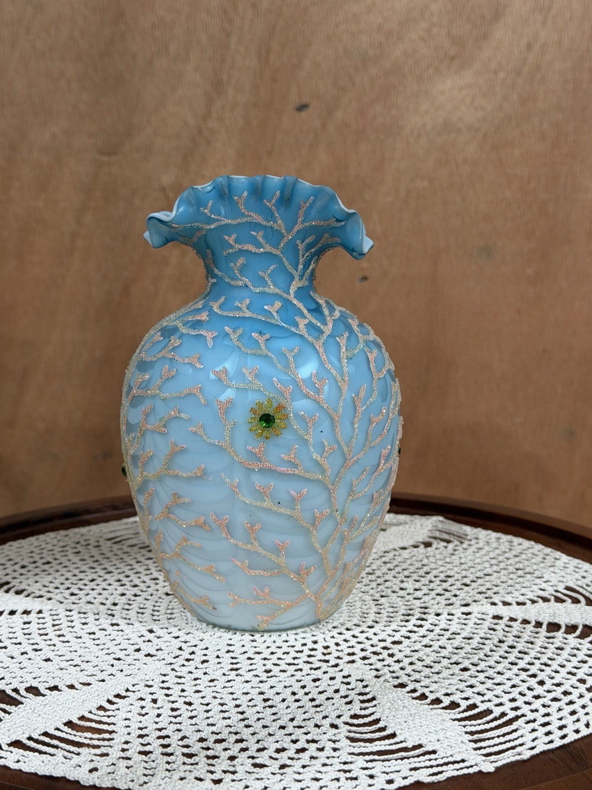 Mt. Washington CORALENE Satin Glass 5 3/4″ Vase, Seaweed Beaded Design, c. 1900