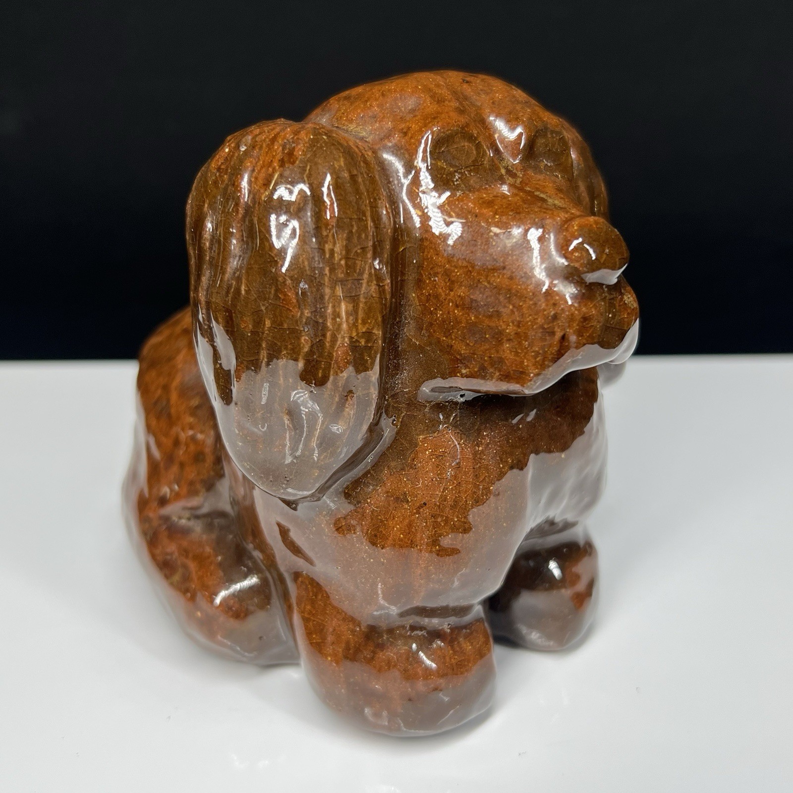 Antique SEWER TILE POTTERY Ohio Folk Brown Dog Figurine Statue 5” x 4.5” x 3.5”