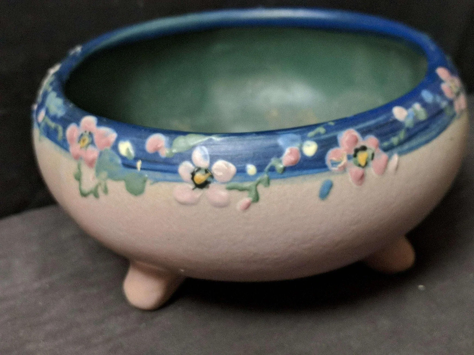 c1920 Weller Hudson Hand Painted Artist Signed 3 ftd Cachepot 5.5″ wide x 2 7/8″