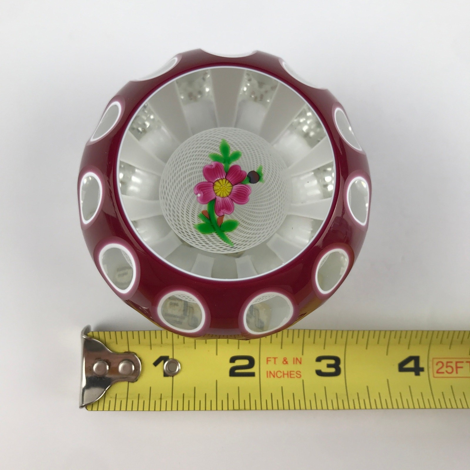 Perthshire 1984G Double Overlay Latticino Cushion Flower Faceted Paperweight