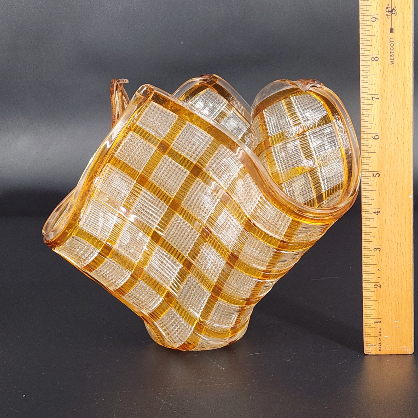 Signed Fused Art Glass Vase Sculpture Orange Clear Textured Checkerboard 2014