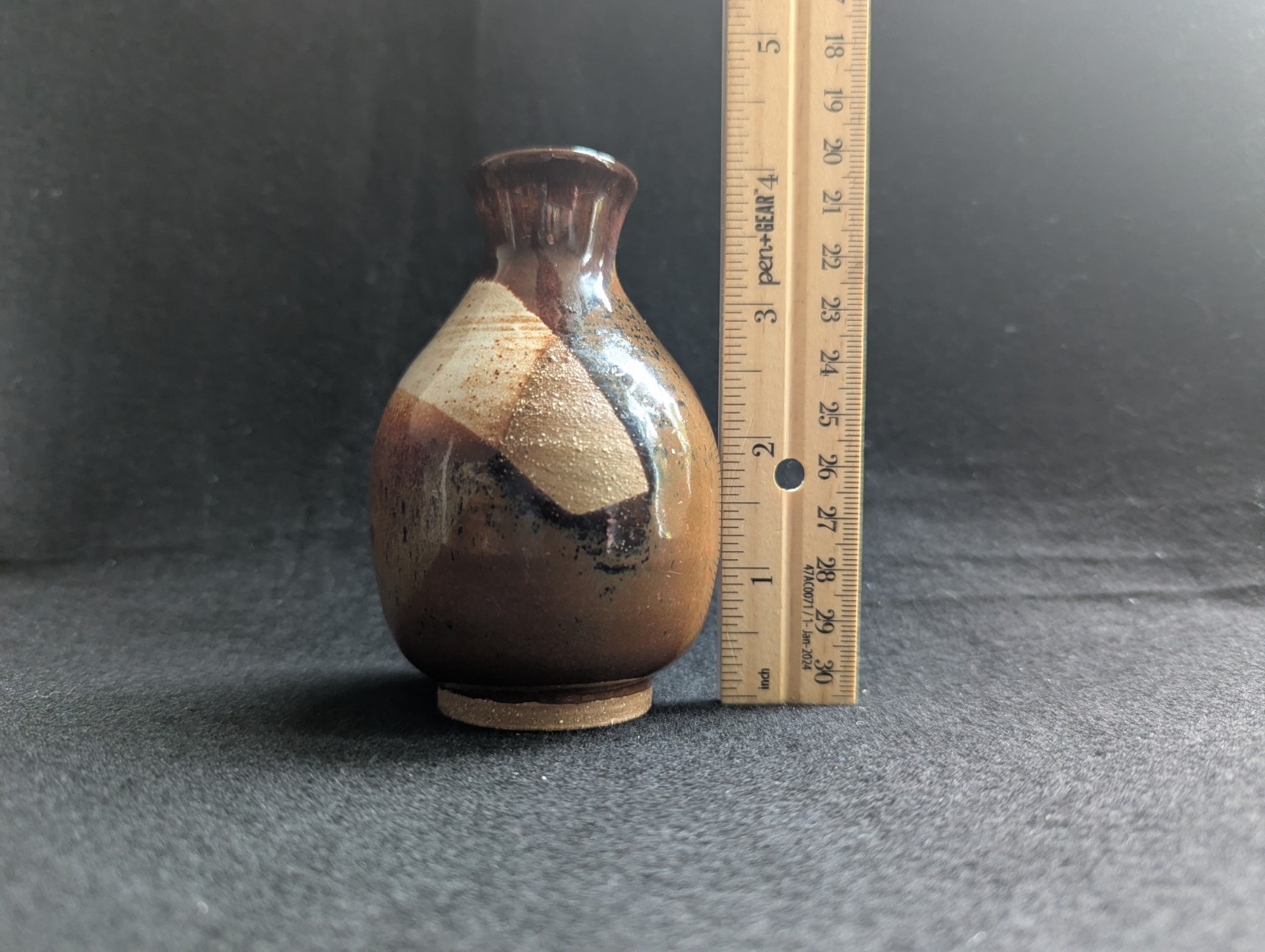 Small Studio Pottery Vase, Brown and Cream Glaze, Hand Signed on the Bottom, 4 “