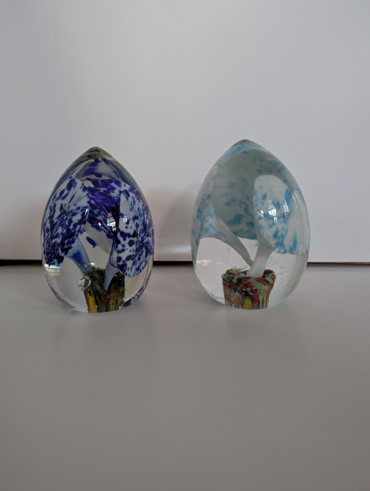 Pair Of Vintage Norleans Japan Blue Flowers In Basket Egg Paperweights