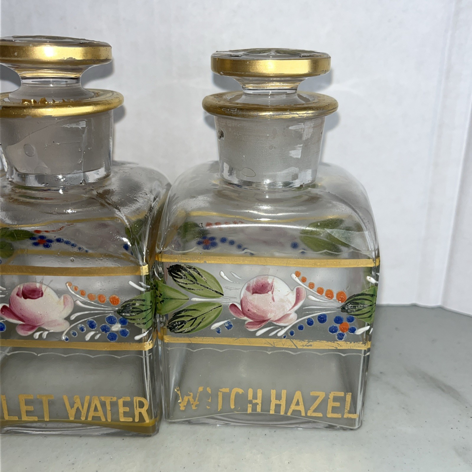 Antique Hand-Enameled Floral Pink Gold Gilded Glass Vanity Bottles Rare 5 Pieces