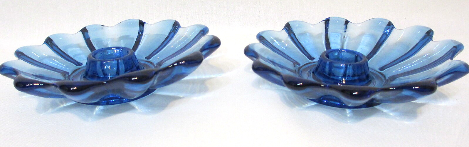 Vintage Federal Glass Candle Holders PAIR Celestial Ribbed Blue 5 3/8″ D