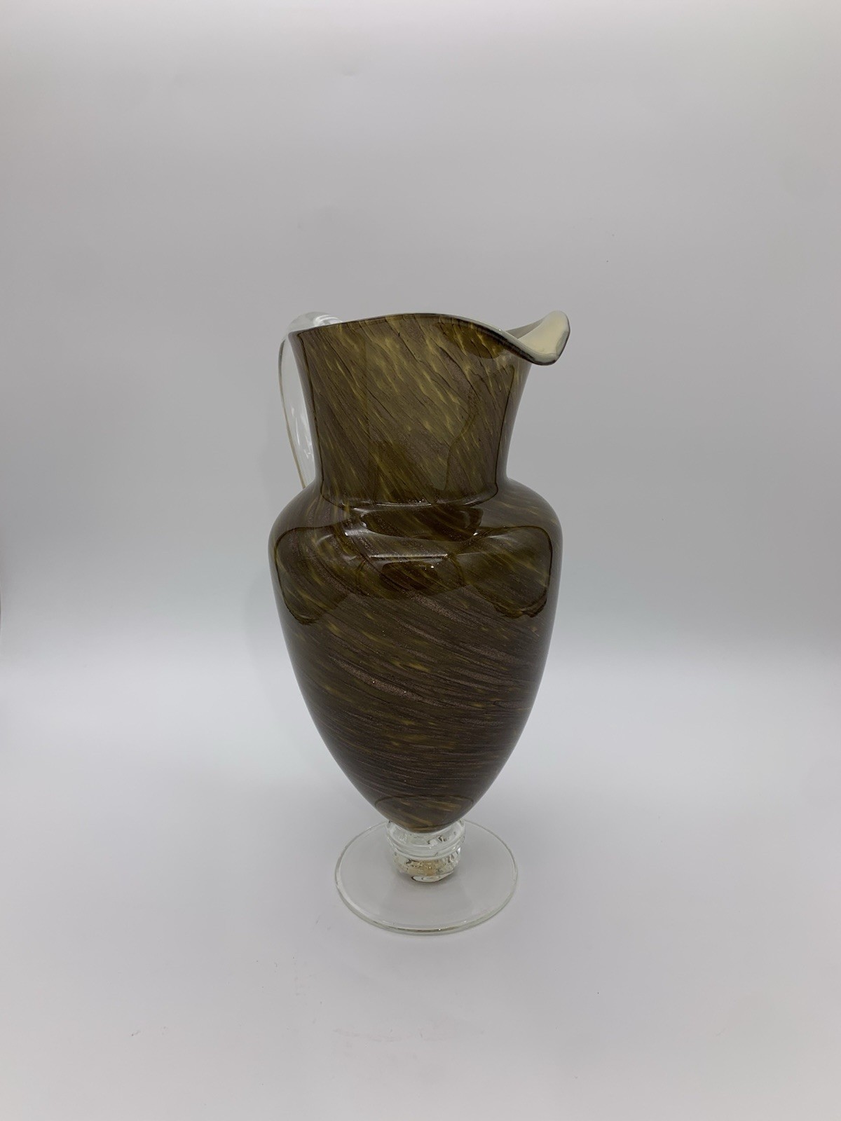 Vtg. Smokey Ornate Gold Glitter Accent Swirl Art Glass Pitcher Vase With Handle