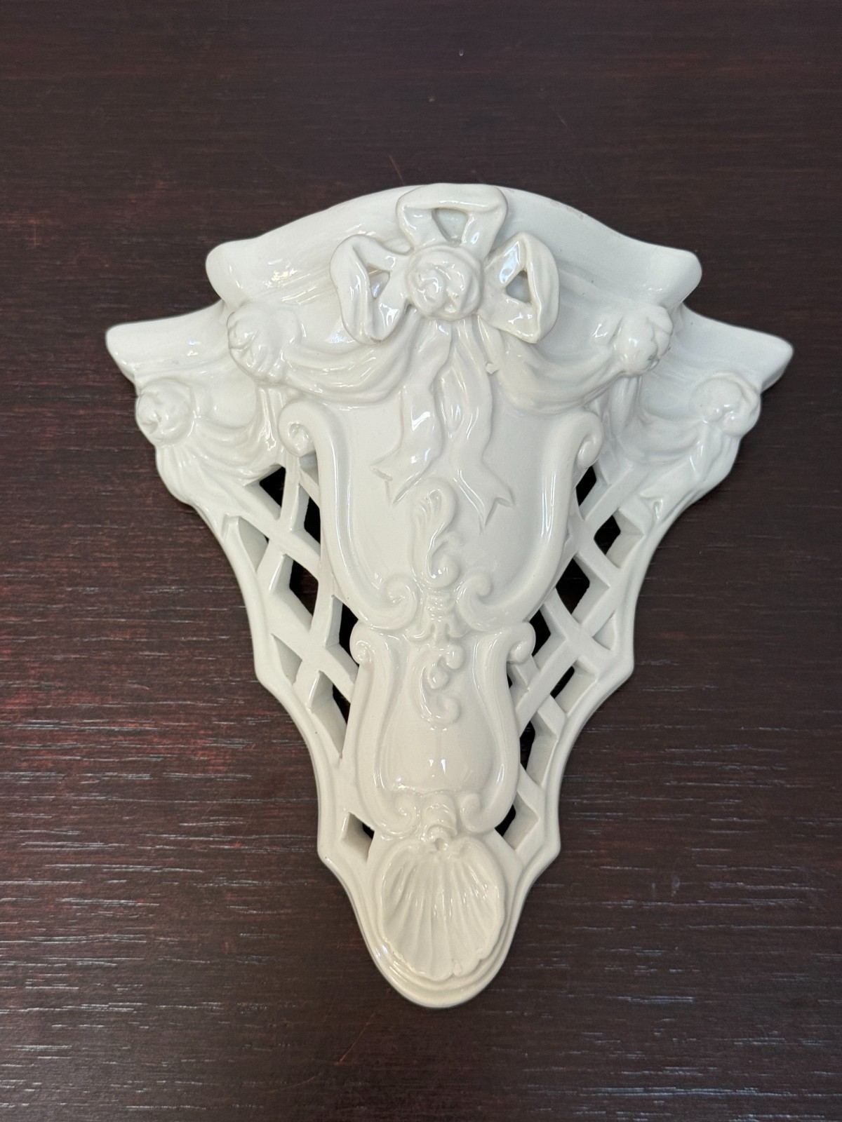 Vtg Italian Ceramic Wall Sconce Reticulated Rococo Style Bow Rose Design