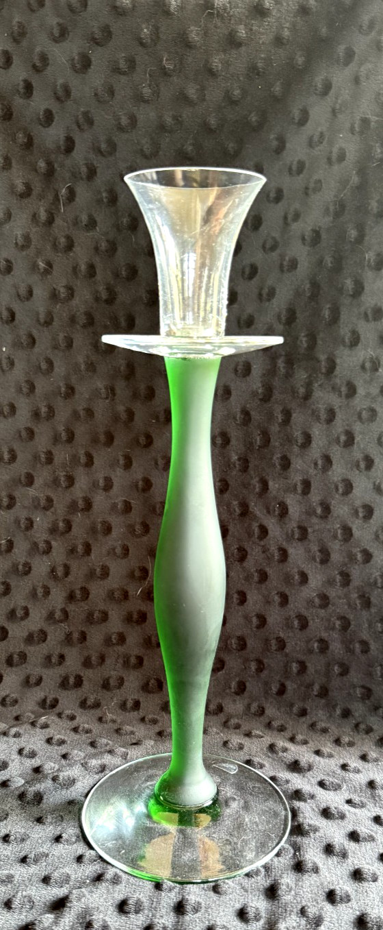 Mid Century Orrefors Celeste Green Froster Glass 11.75″ Candlestick Anne Nilsson