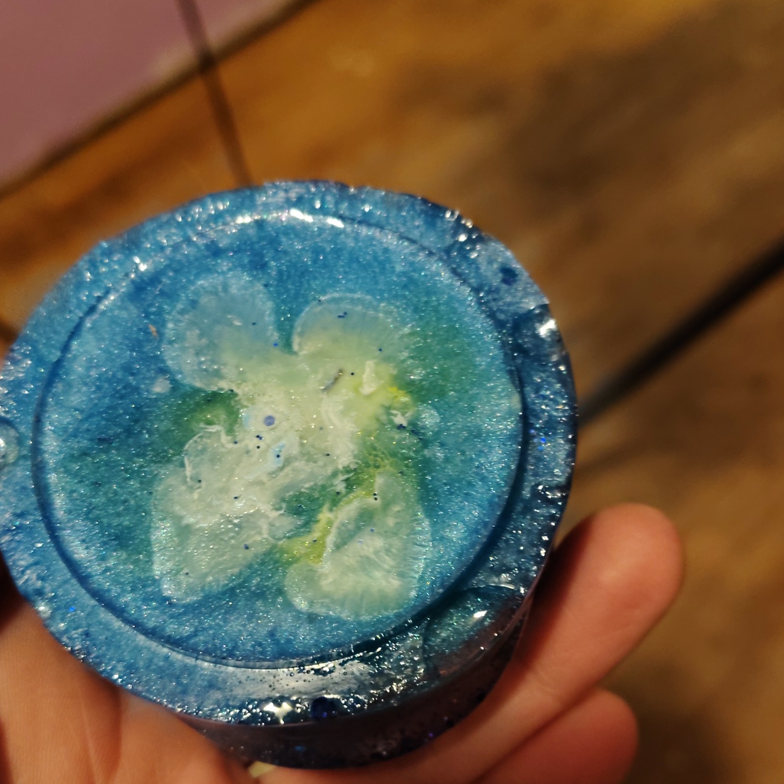 epoxy jar/Candle Holder Blue Purple White Flower Petals Handmade Glossy