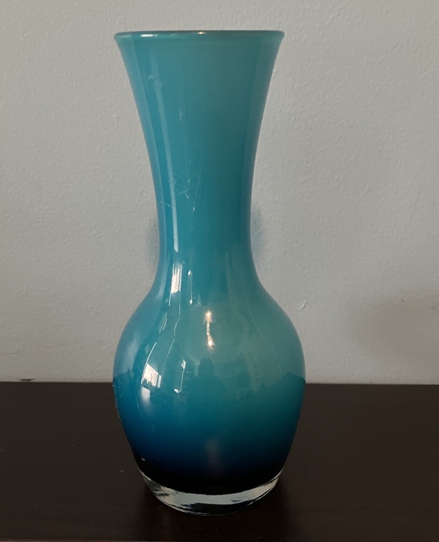 Vintage MCM Teal Hand Blown Glass Vase With Handle Excellent Condition