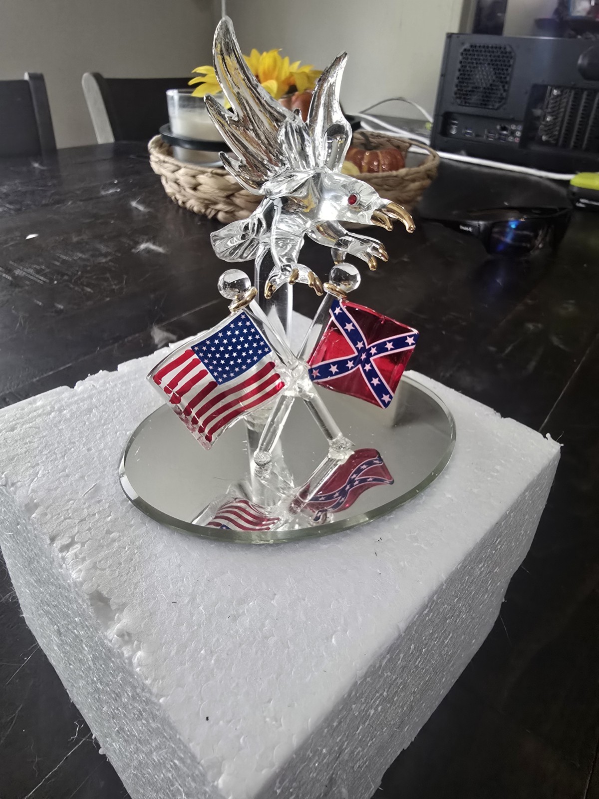 Glass Blown Statue: Bald Eagle w/ Crossed Flags