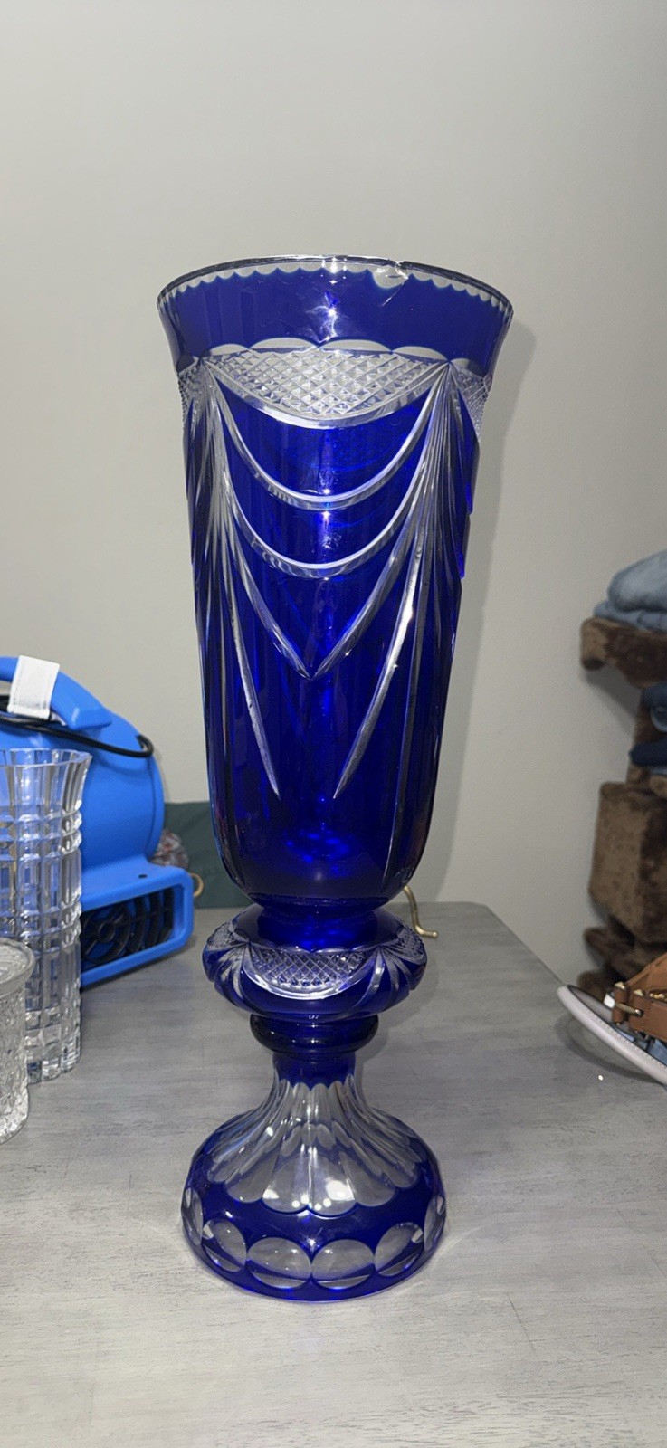 Tall Cobalt Blue & Clear Cut Glass Pedestal Base Vase