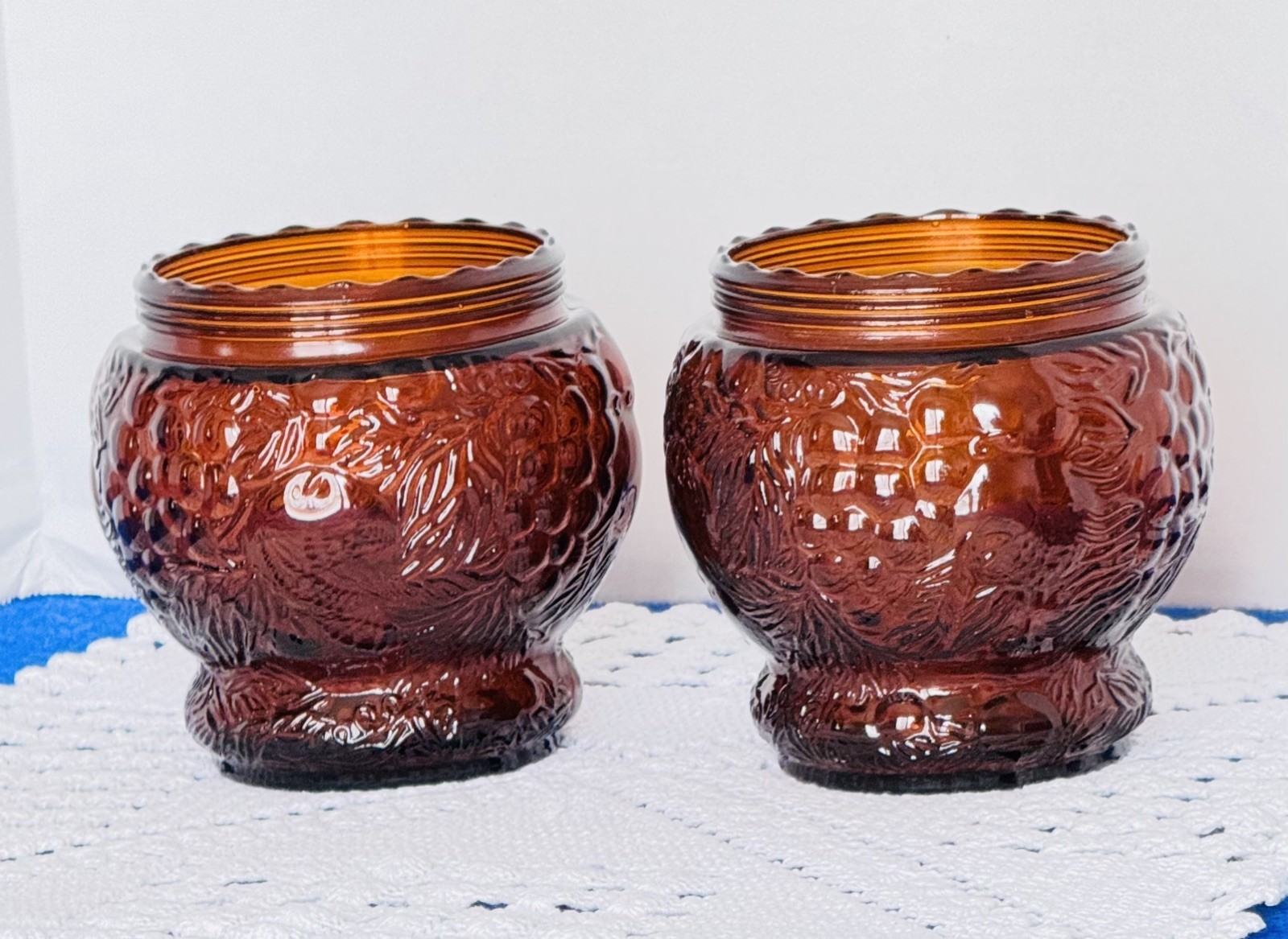 VTG Mid Century Brown Amber Two Glass Canisters Embossed Multi Purpose Jars