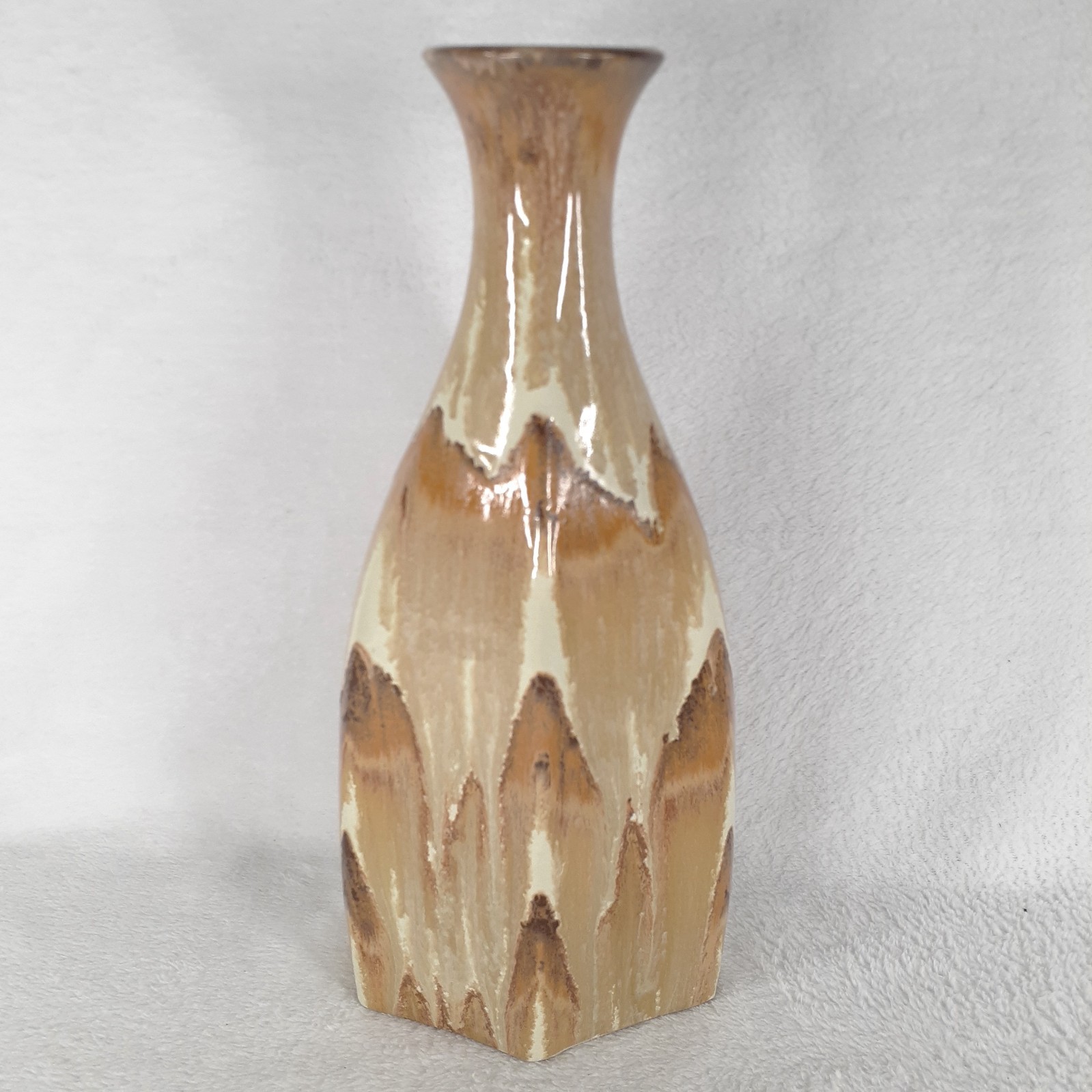 14 Inch Ceramic Brown & Tan Glossy Drip Glaze Vase With Snakeskin Design
