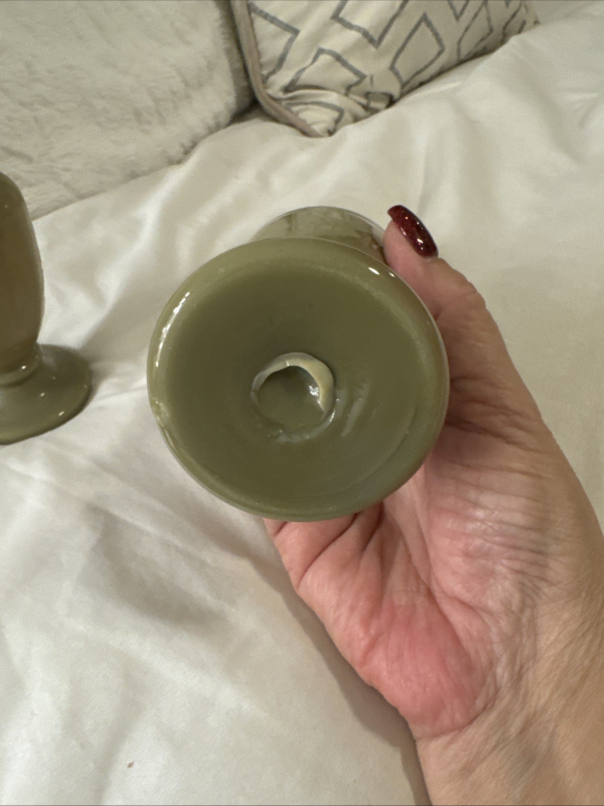 Set Of 2 Antique 6” Bristol Blown Glass Hand Painted, Green, White And Orange