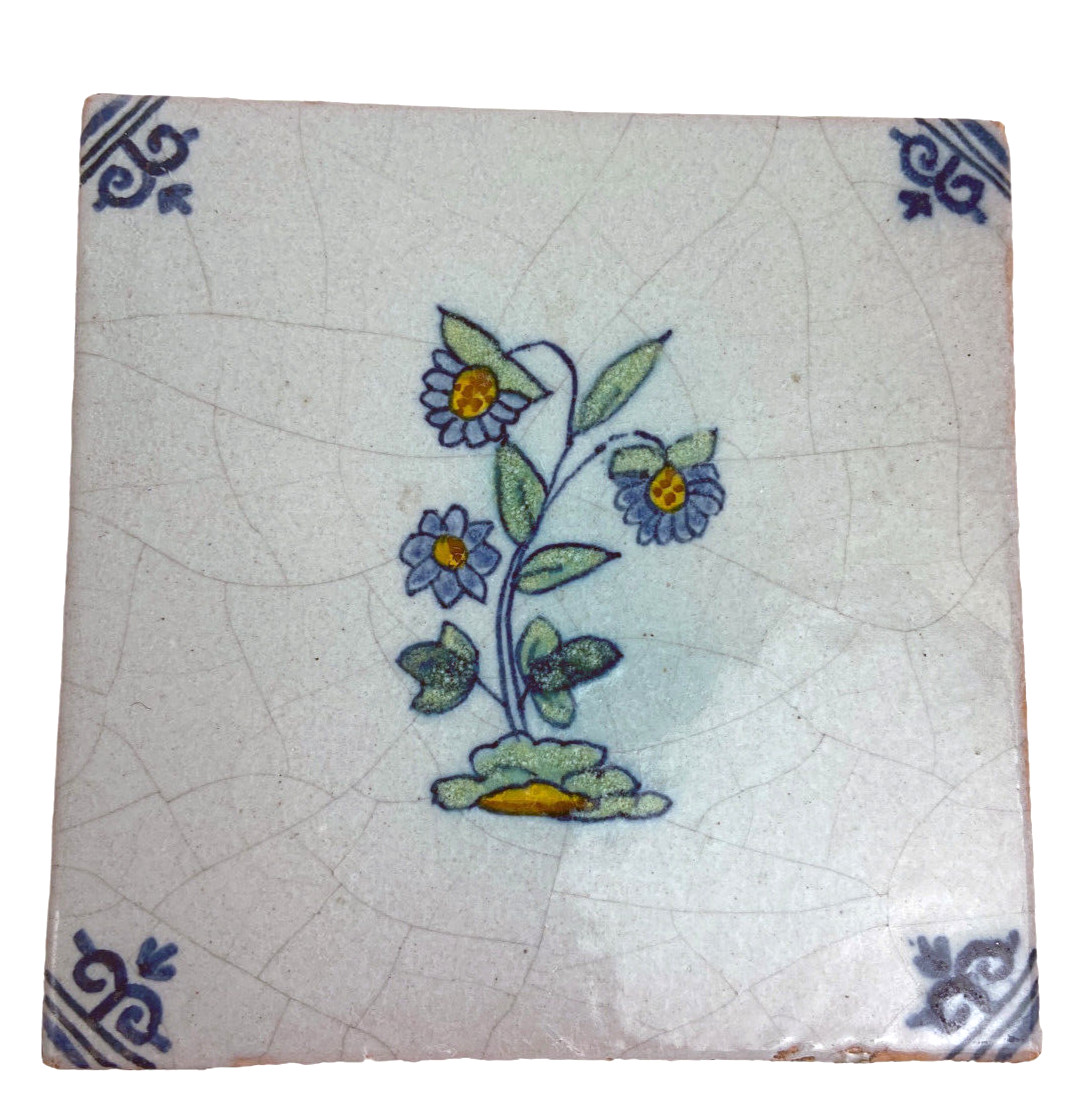 Antique Dutch Delft Tile 5.25″ x 5.25″ Handpainted Glazed Floral Crackle Glaze