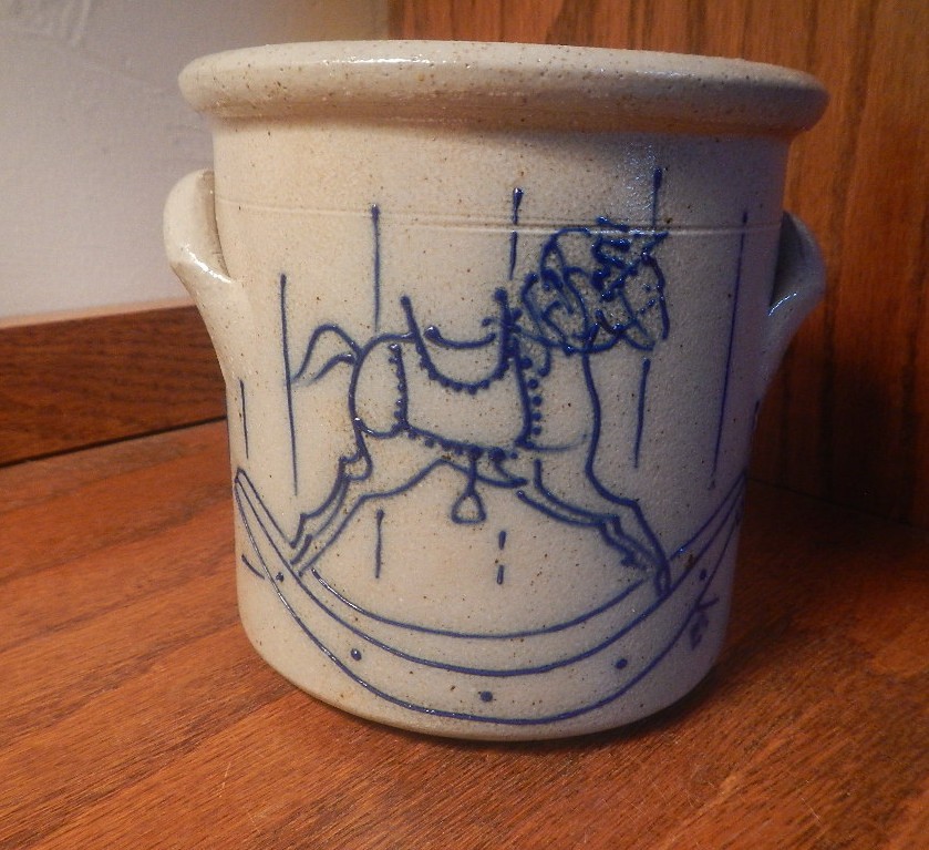 Salmon Falls Pottery Rocking Horse Salt Glazed Crock ~ 4.5″ Tall ~ 1991