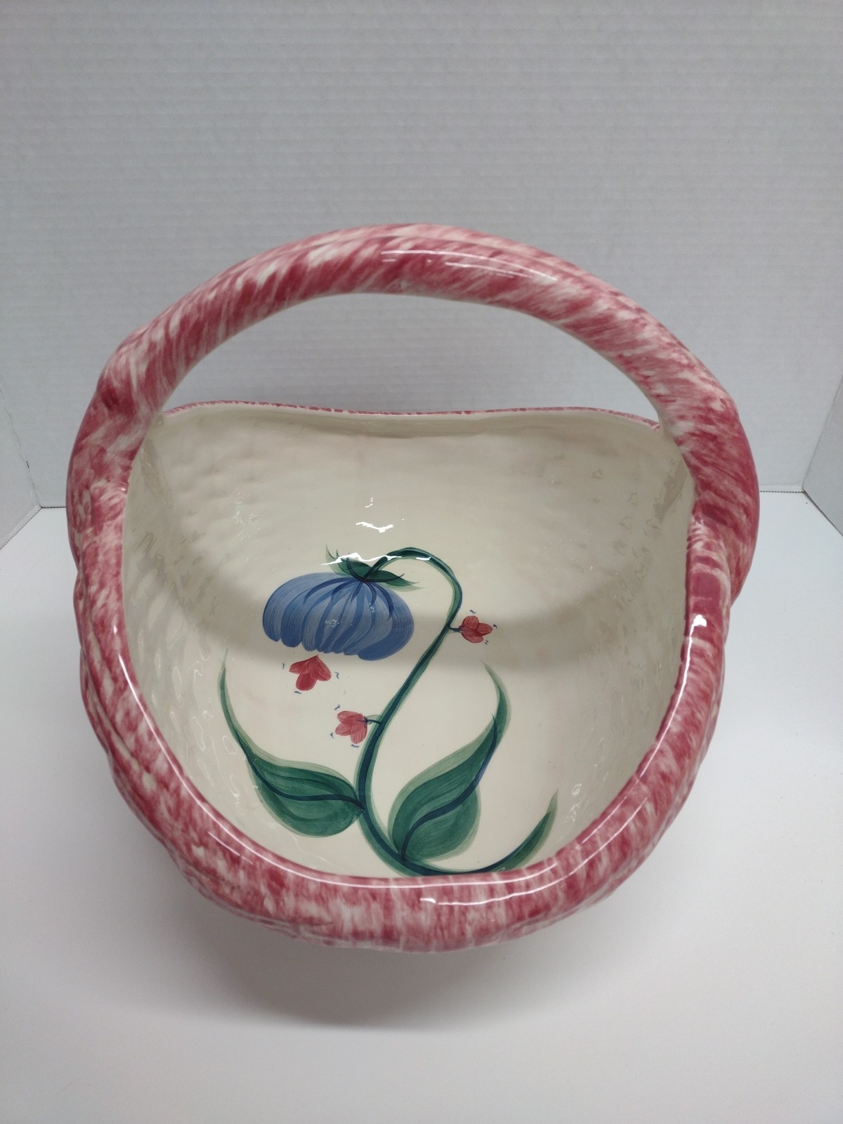 Vtg Signed Gail Pittman Large Basket Flowers Pink & White Ceramic