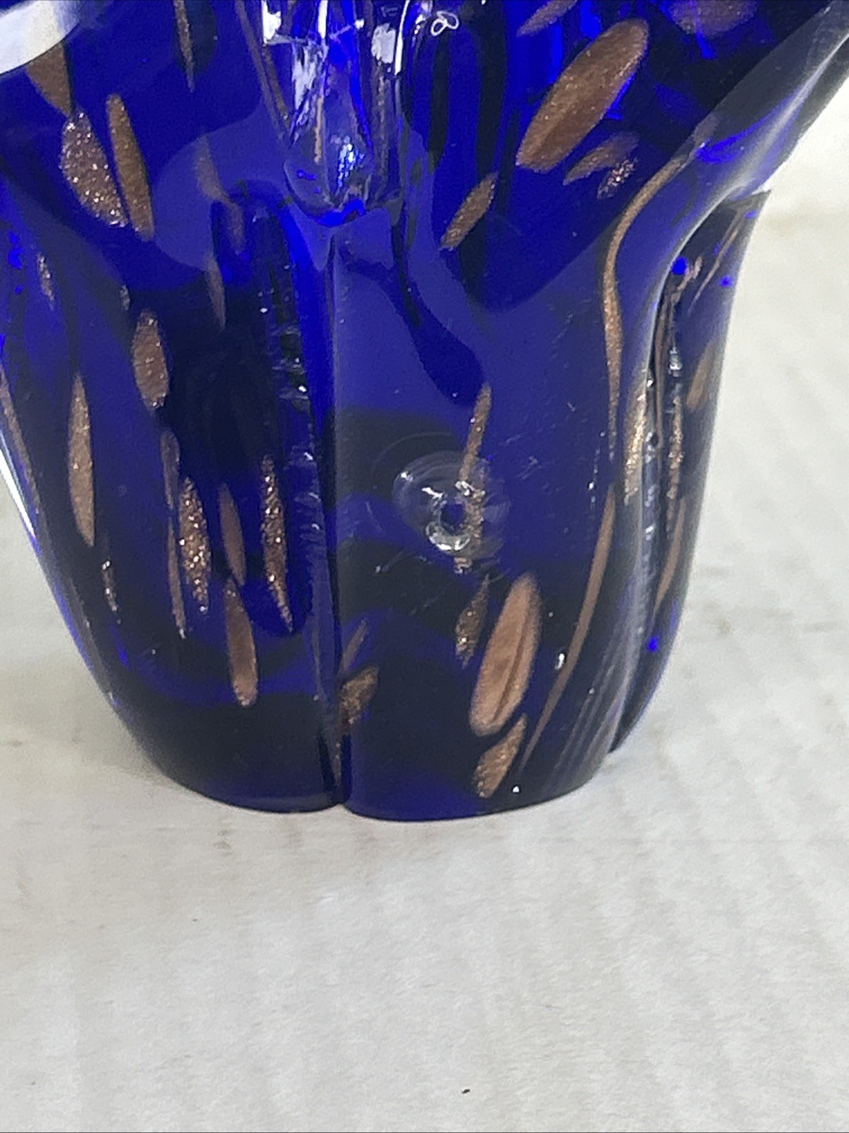 Vintage Murano Style Art Glass Elephant Figurine Cobalt Blue Gold W Ear Chip
