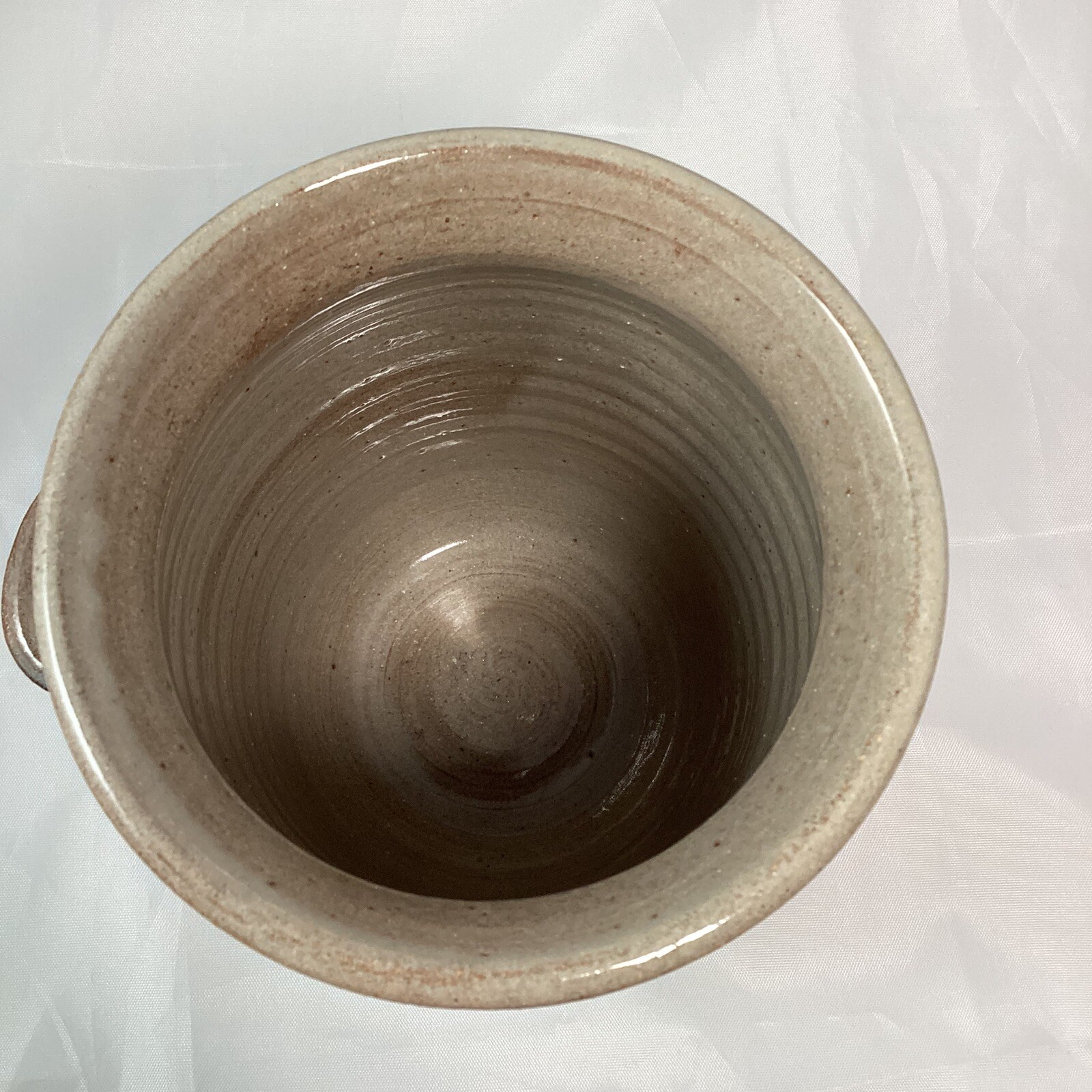 Art Pottery 6″ Cylinder Vase Utensil Holder Blue Brown with Handle Signed